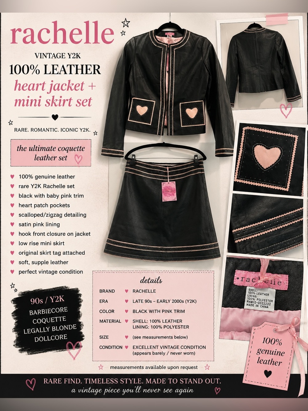Rachel Black Leather Jacket and Mini Skirt Set with Pink Trim
